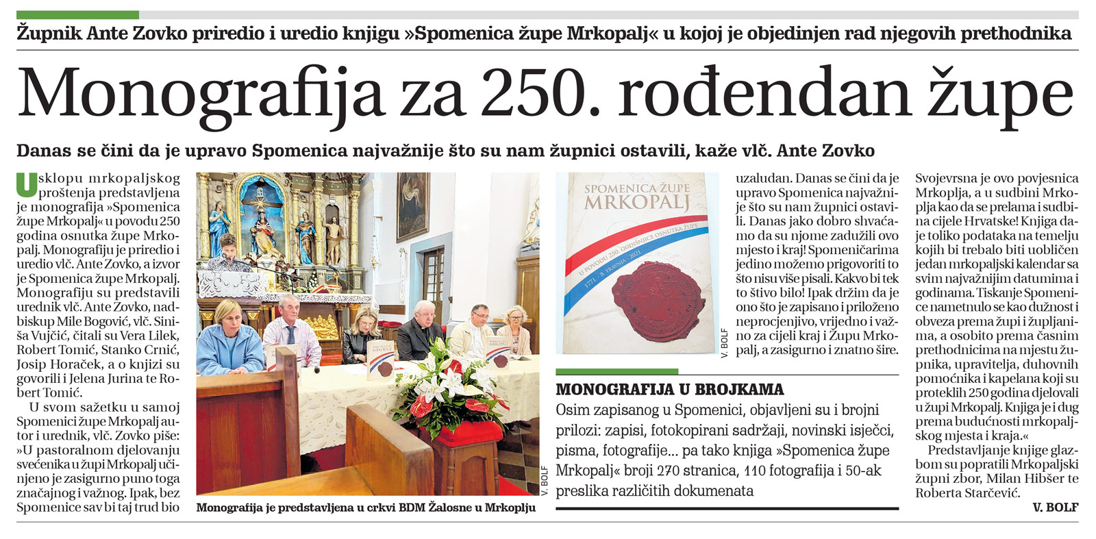 članak, goranski novi list, monografija župe za 250 godina