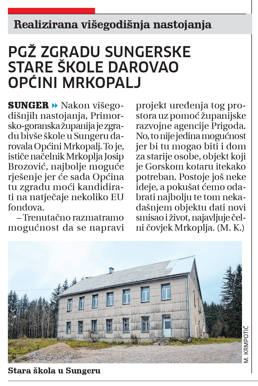 članak, novi list, stara škola darovana općini Mrkopalj