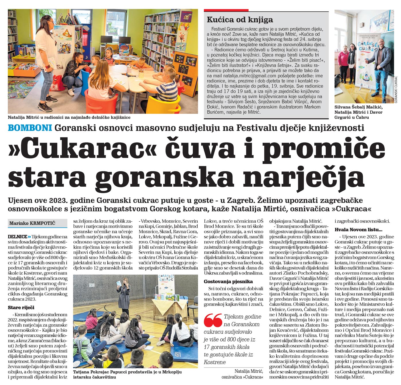 članak, novi list, goranski cukarac, goranski osnovci masovno sudjeluju na Festivalu dječje književnosti