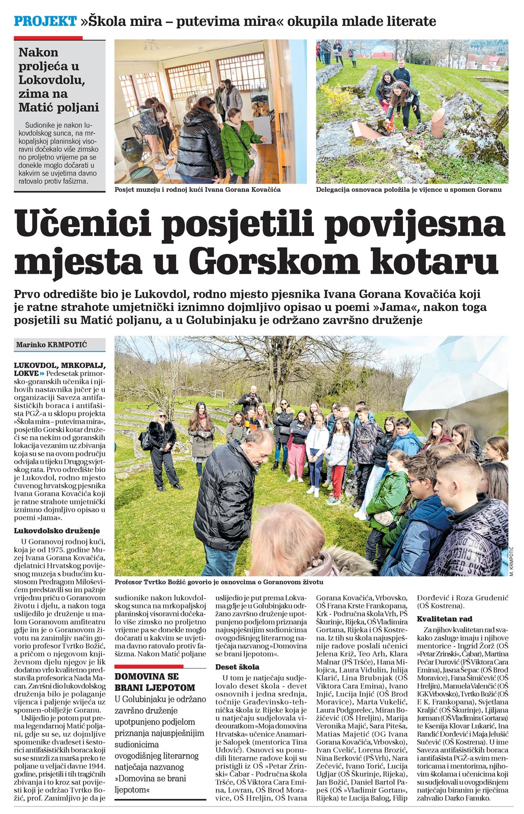 članak, goranski novi list, učenici posjetili povijesna mjesta u Gorskom kotaru