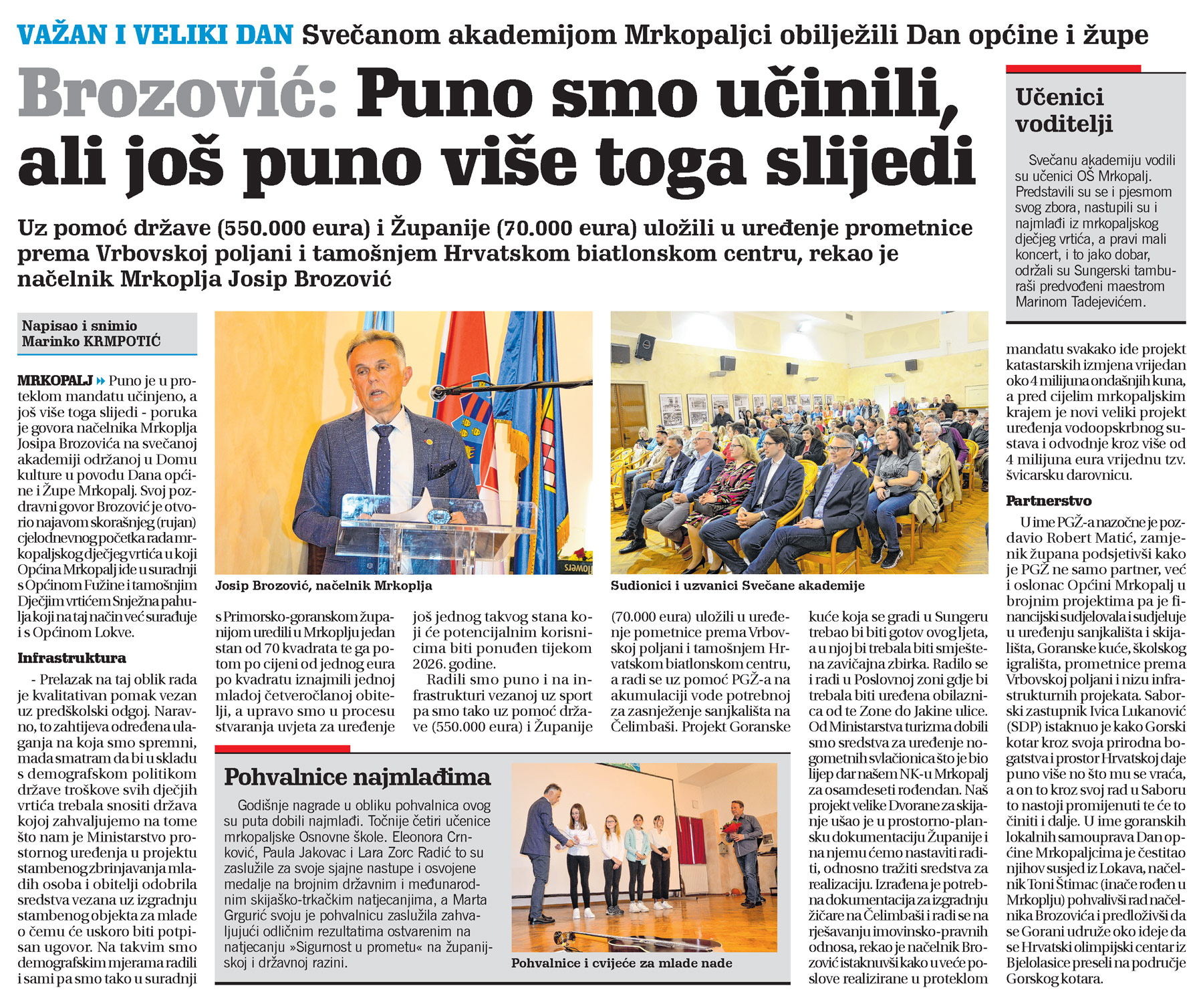 Svečanom akademijom Mrkopaljci obilježili Dan općine i župe, članak, novi list