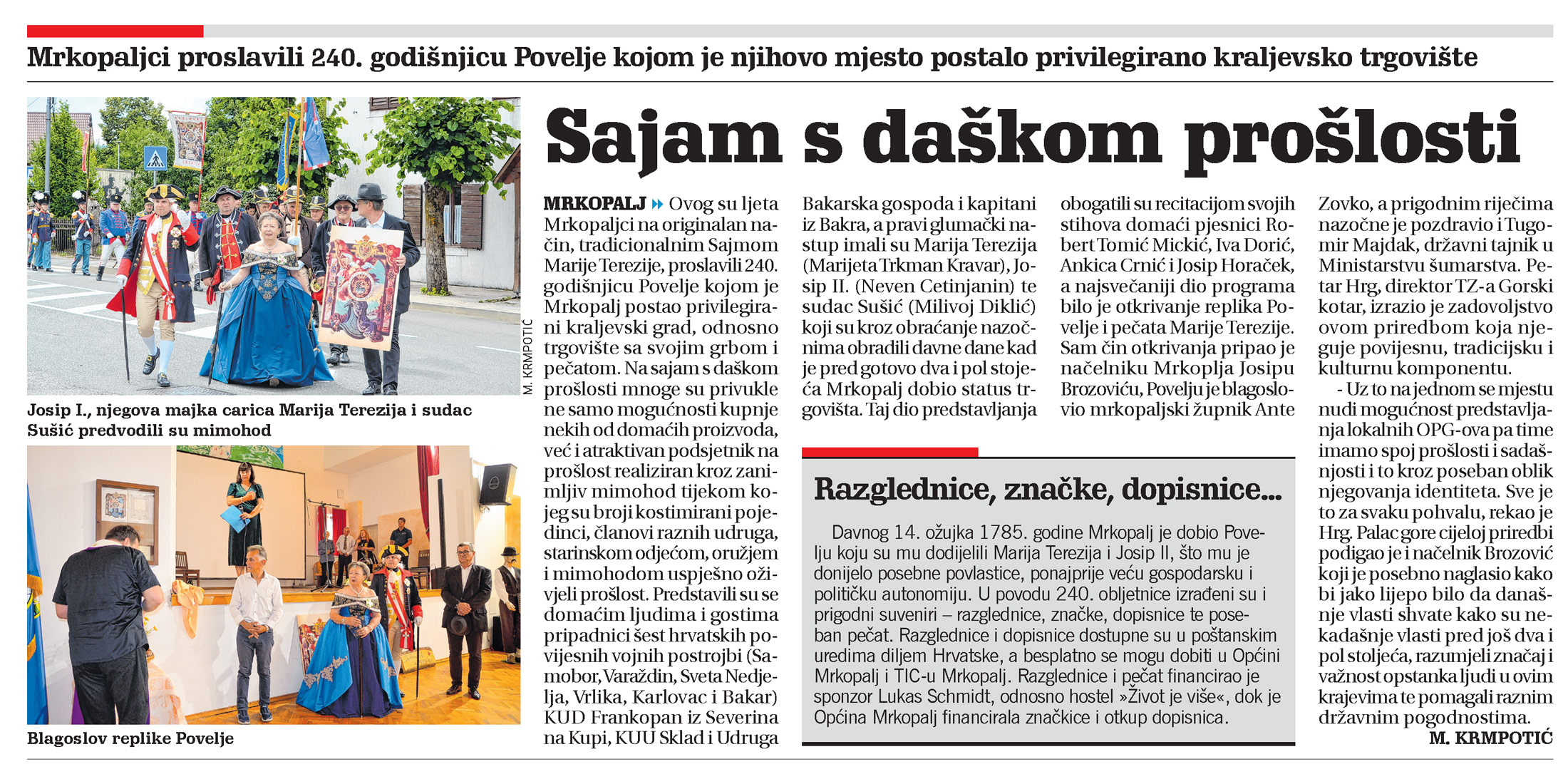 Mrkopaljci proslavili 240. godišnjicu Povelje kojom je njihovo mjesto postalo privilegirano kraljevsko trgovište, članak, novi list