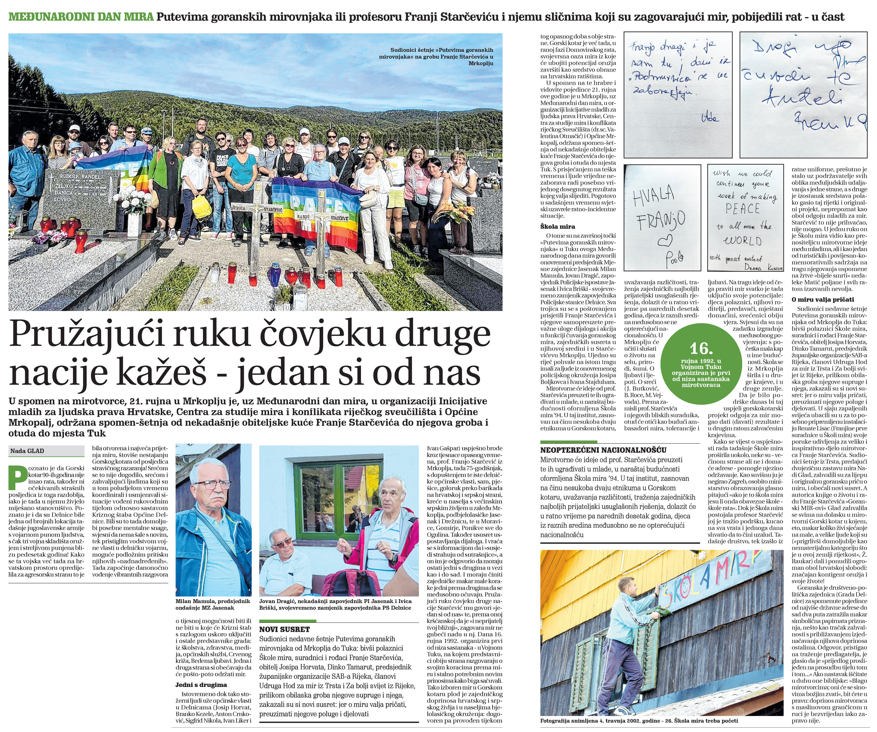 Putevima goranskih mirovnjaka ili profesoru Franji Starčeviću i njemu sličnima koji su zagovarajući mir, pobjedili rat - u čast, članak, novi list 