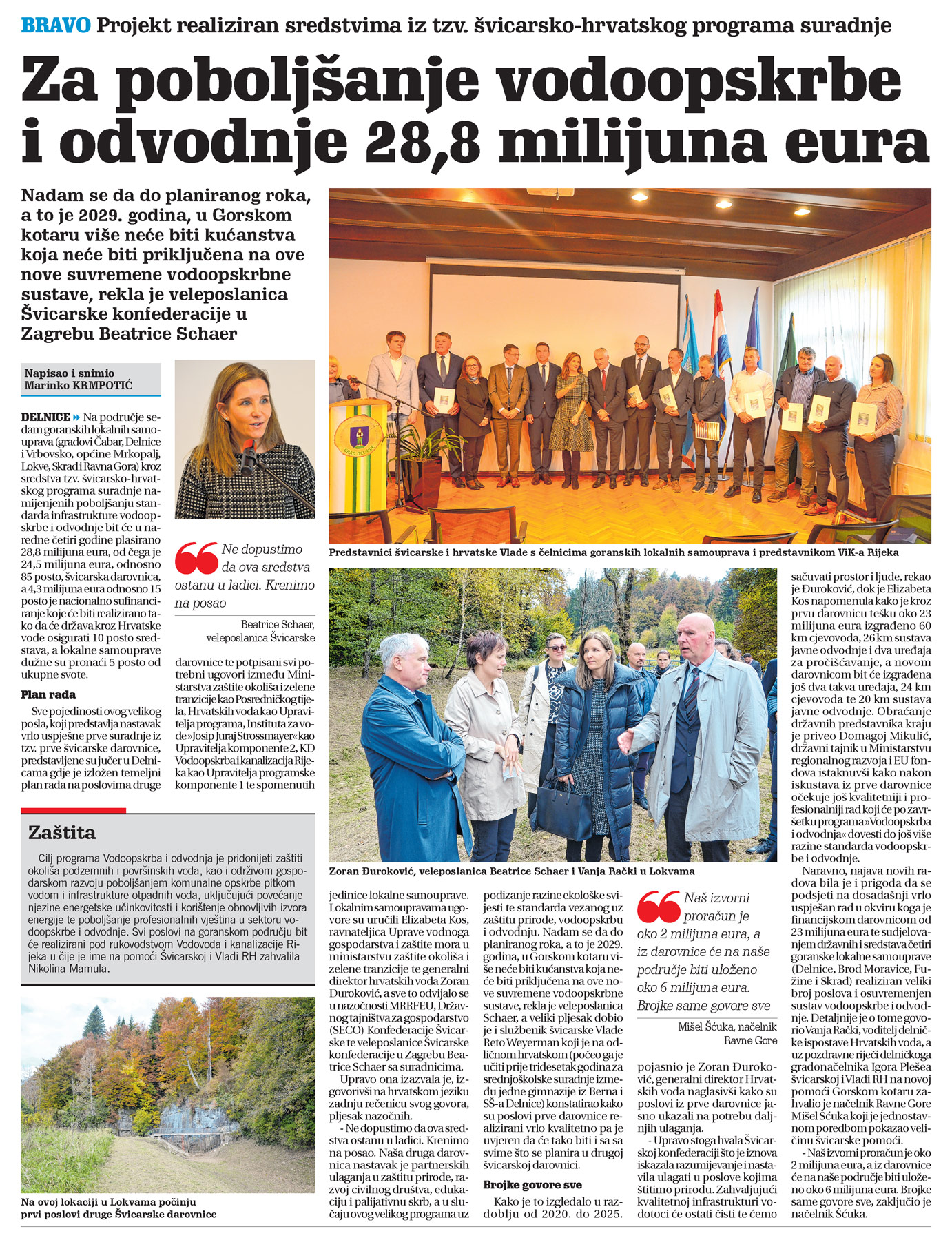 Za poboljšanje vodoopskrbe i dovodnje 28,8 milijuna eura, Prijekt realiziran sredstvima iz tzv. švicarsko-hrvatskog programa suradnje, članak, novi list