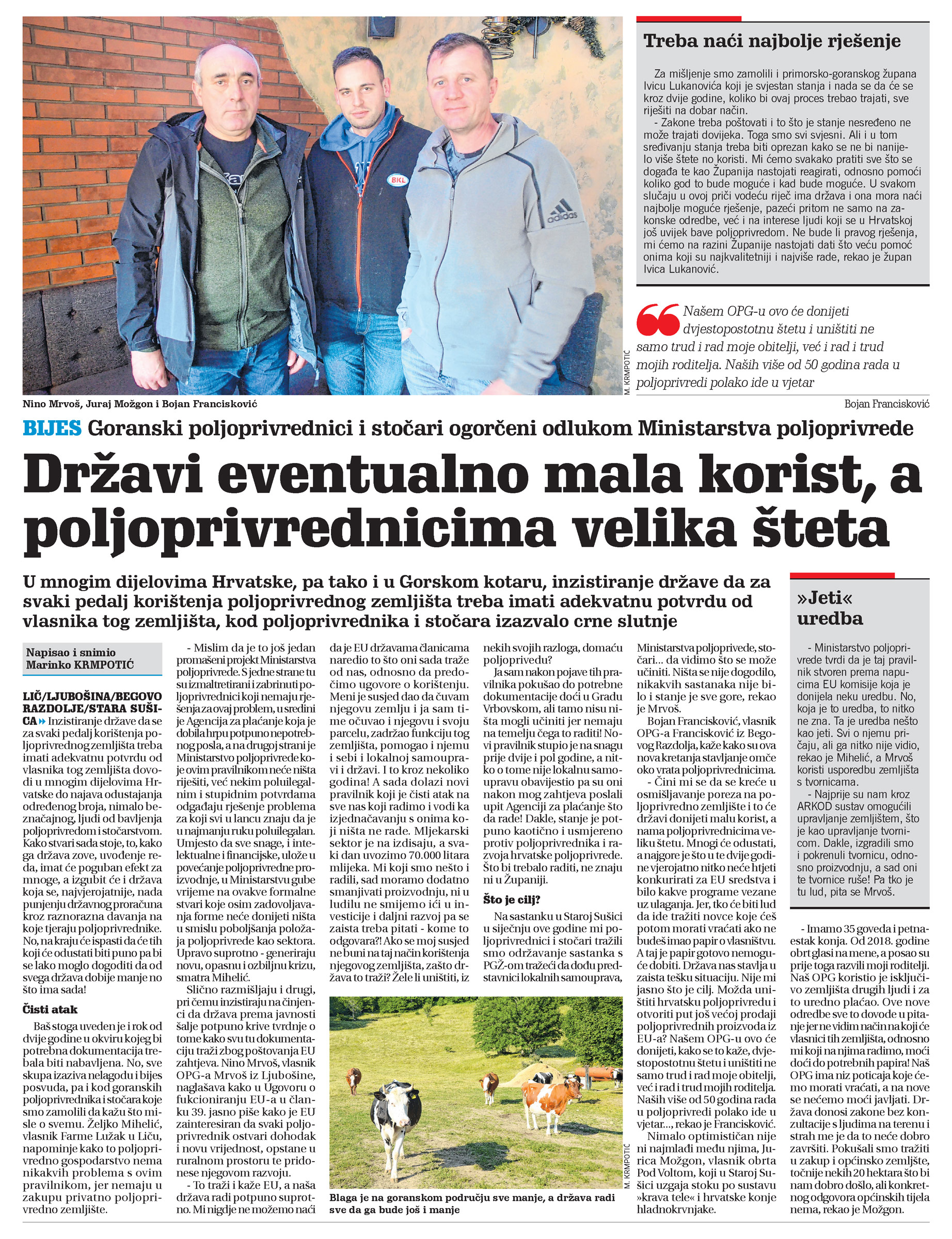 Goranski poljoprivrednici i stočari ogorčeni odlukom Ministarstva poljoprivrede, članak, novi list