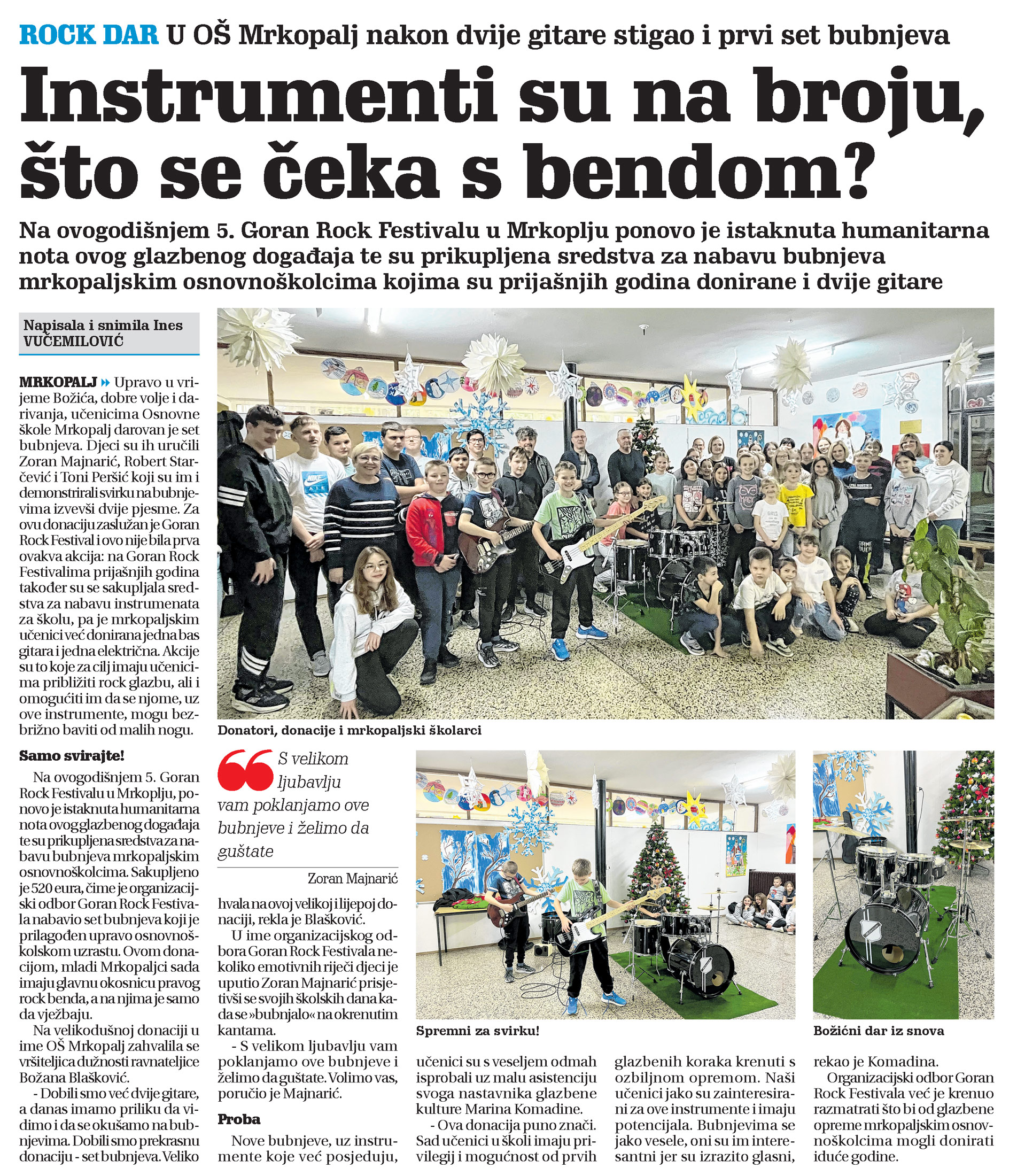 U Š Mrkopalj nakon dvije gitare stigao i prvi set bubnjeva, članak, novi list