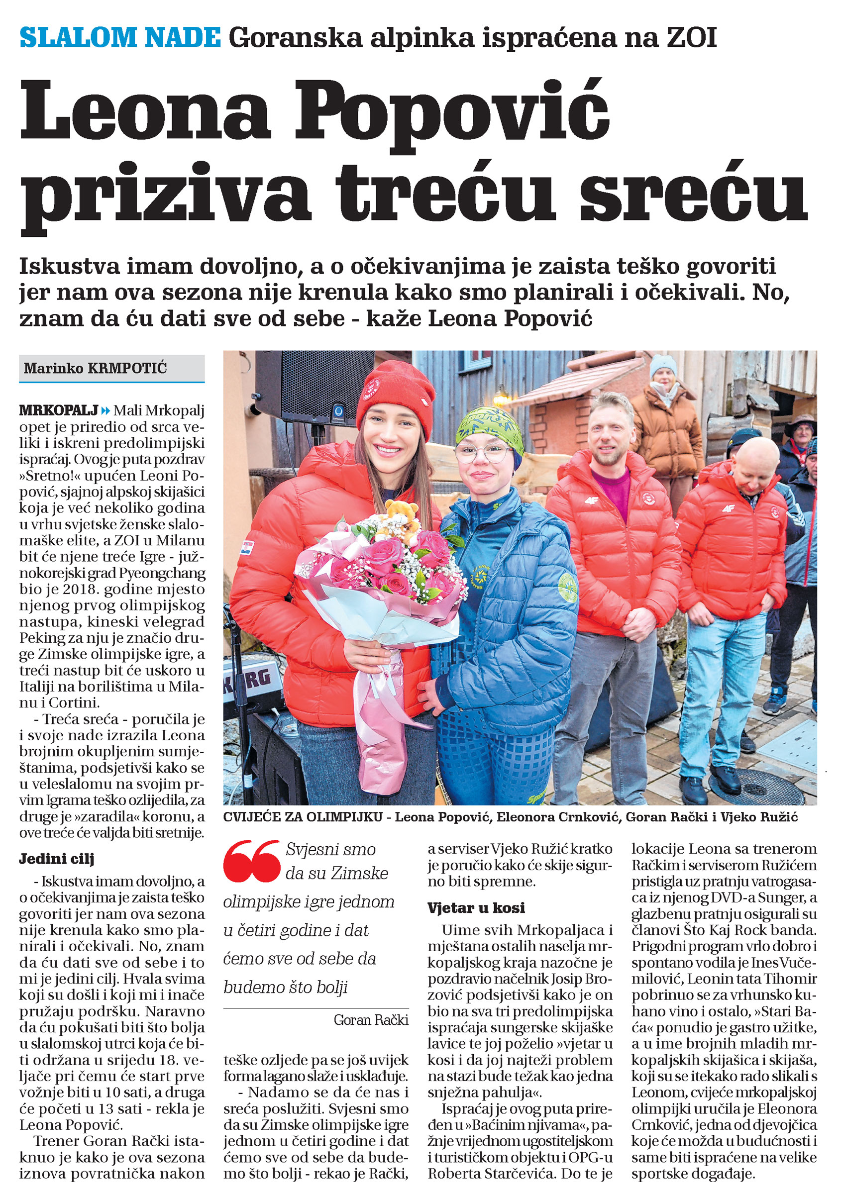 Ispraćaj na ZOI: Leona Popović priziva treću sreću, člnank, novi list