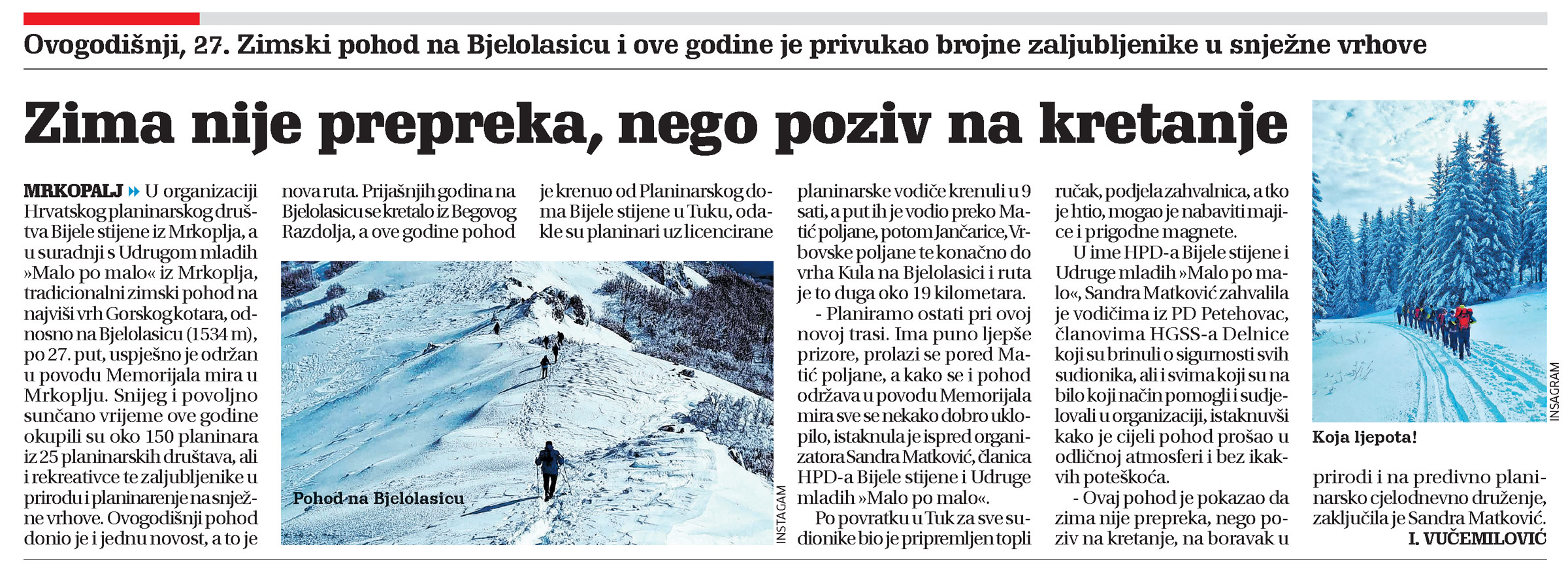 27. Zimski pohod na Bjelolasicu i ove godine je privukao brojne zaljubljenike u snježne vrhove, članak, novi list