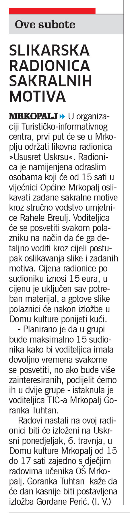 Ove subote: Slikarska radionica sakralnih motiva, članak, novi list