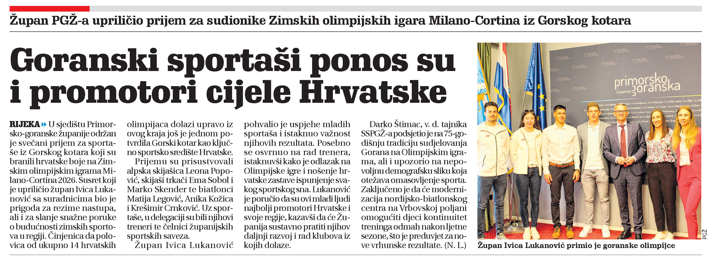 Župan PGŽ-a upriličio prijem za sudionike Zimskih olimpijskih igara Milano-Cortina iz Gorskog kotara, novi list, članak