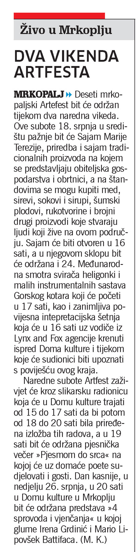 Živo u Mrkoplju: Dva vikenda ArtFesta, članak, novi list