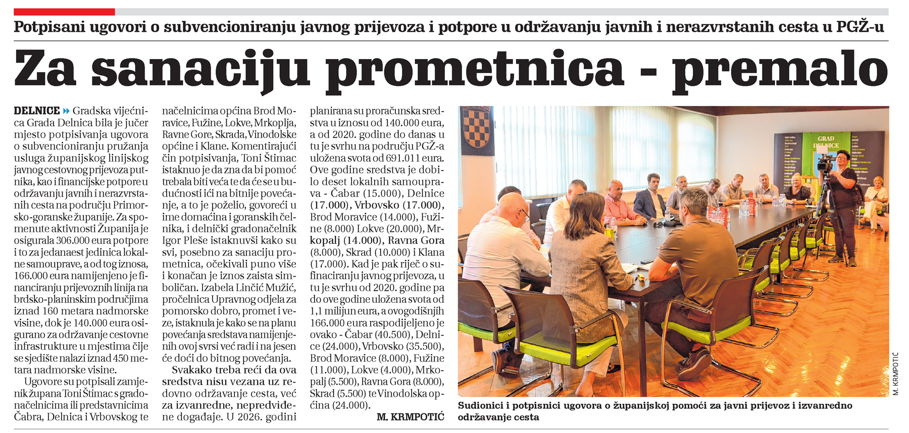 Potpisani ugovori o subvencioniranju javnog prijevoza i potpore u održavanju javnih i nerazvrstanih cesta u PGŽ-u, članak, novi list