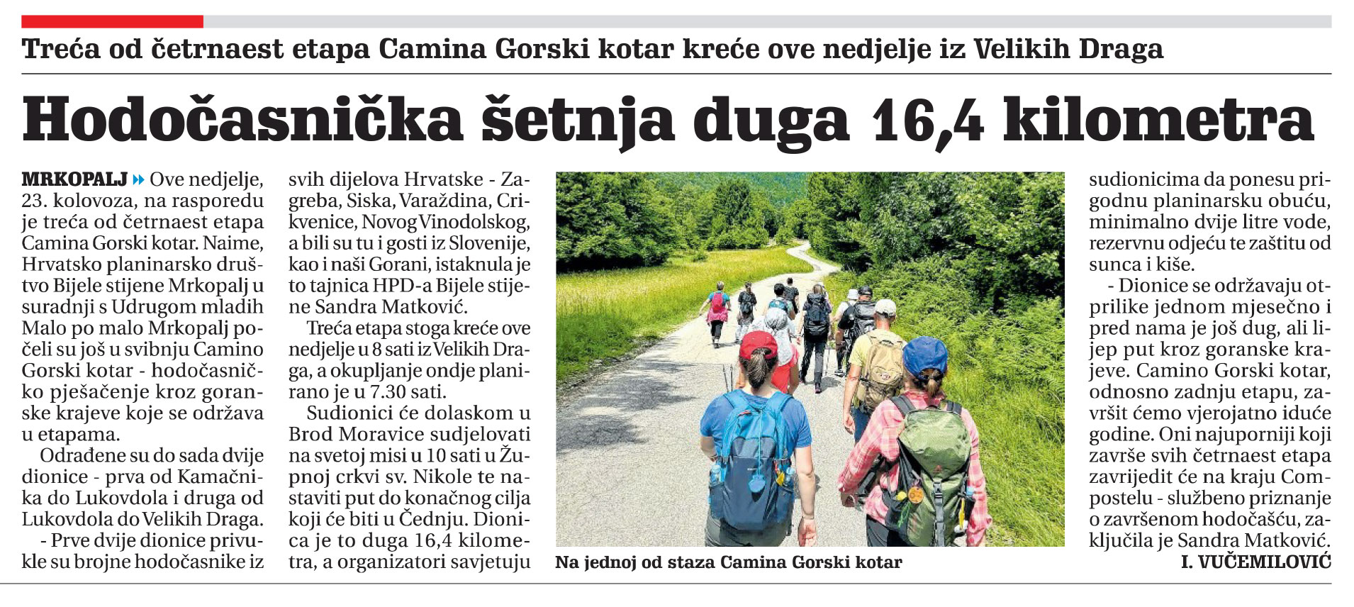 Treća od četrnaest etapa Camina Gorski kotar kreće ove nedjelje iz Velikih Draga, članak, novi list