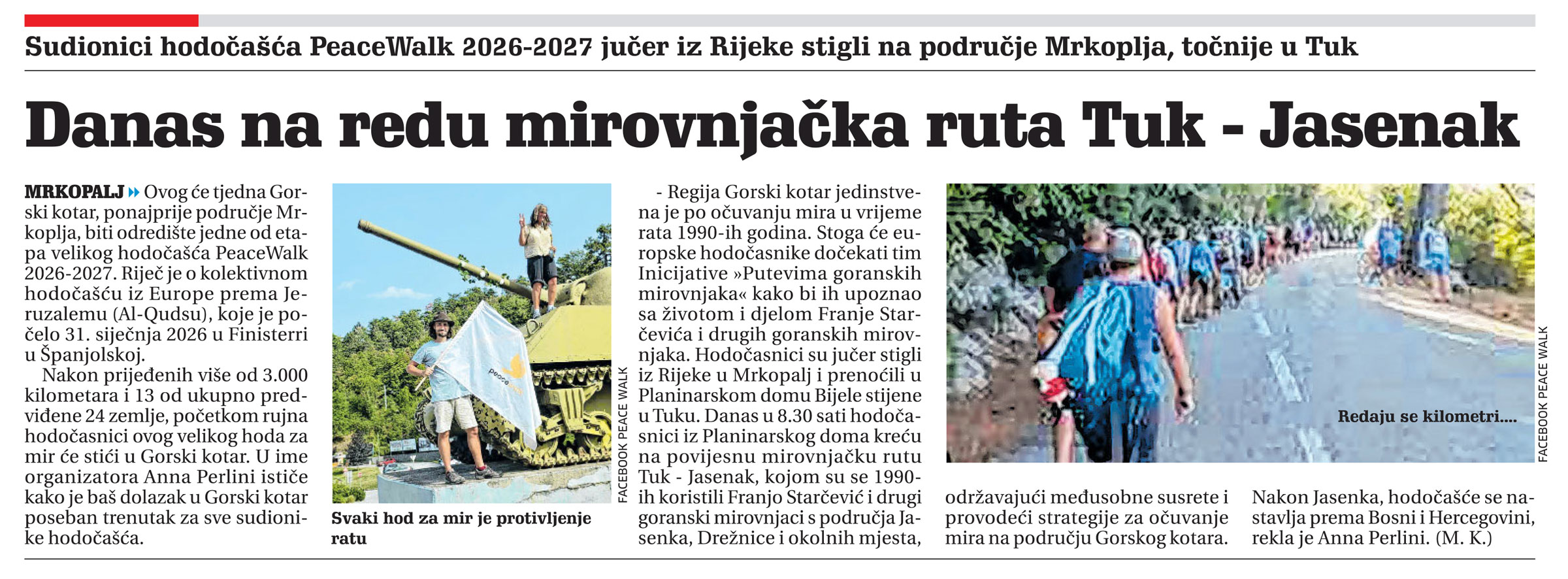 PeaceWalk 2026-2027: Danas na redu mirovnjačka ruta Tuk - Jasenak, članak, novi list