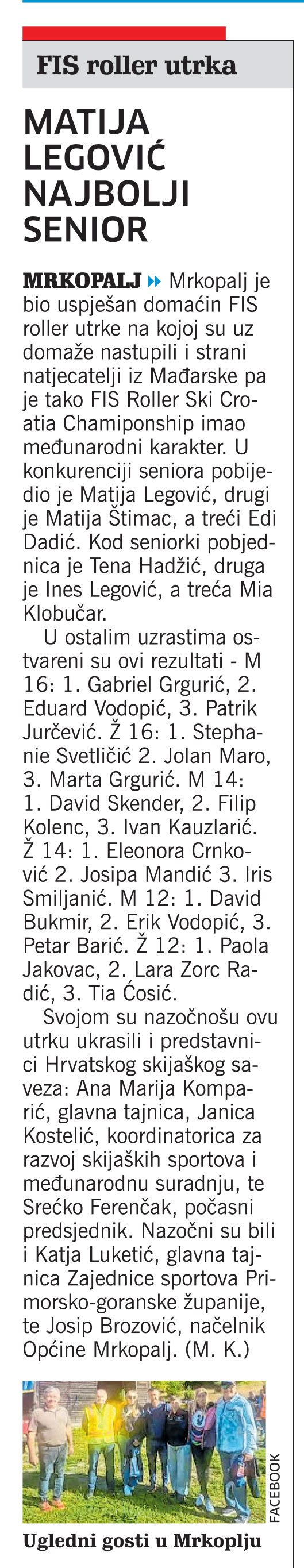 FIS Roller utrka: Matija Legović najbolji senior, članak, novi list