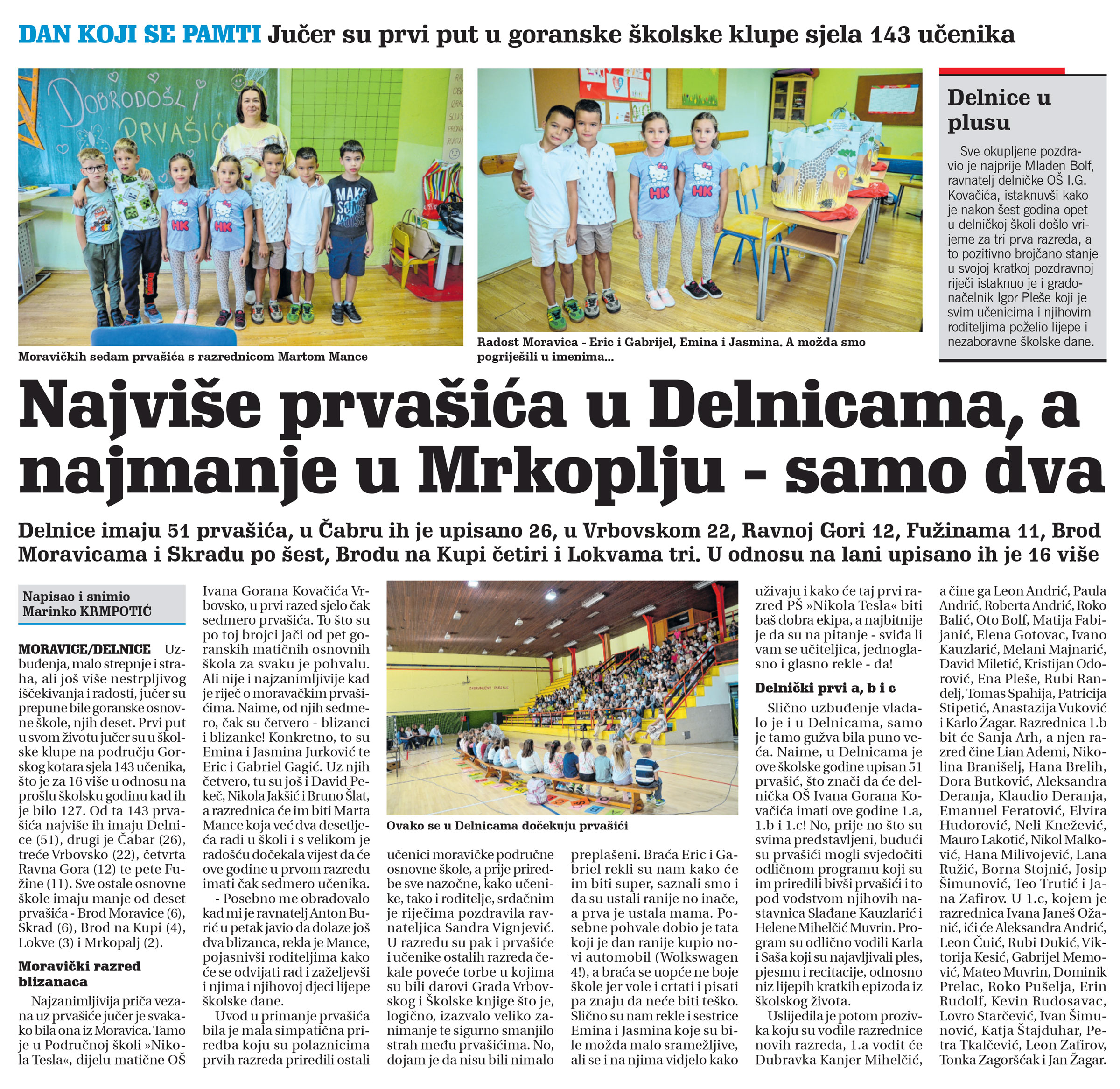 Prvi dan škole: Najviše prvašića u Delnicama, a u najmanje u Mrkoplju - samo dva, članak, novi list