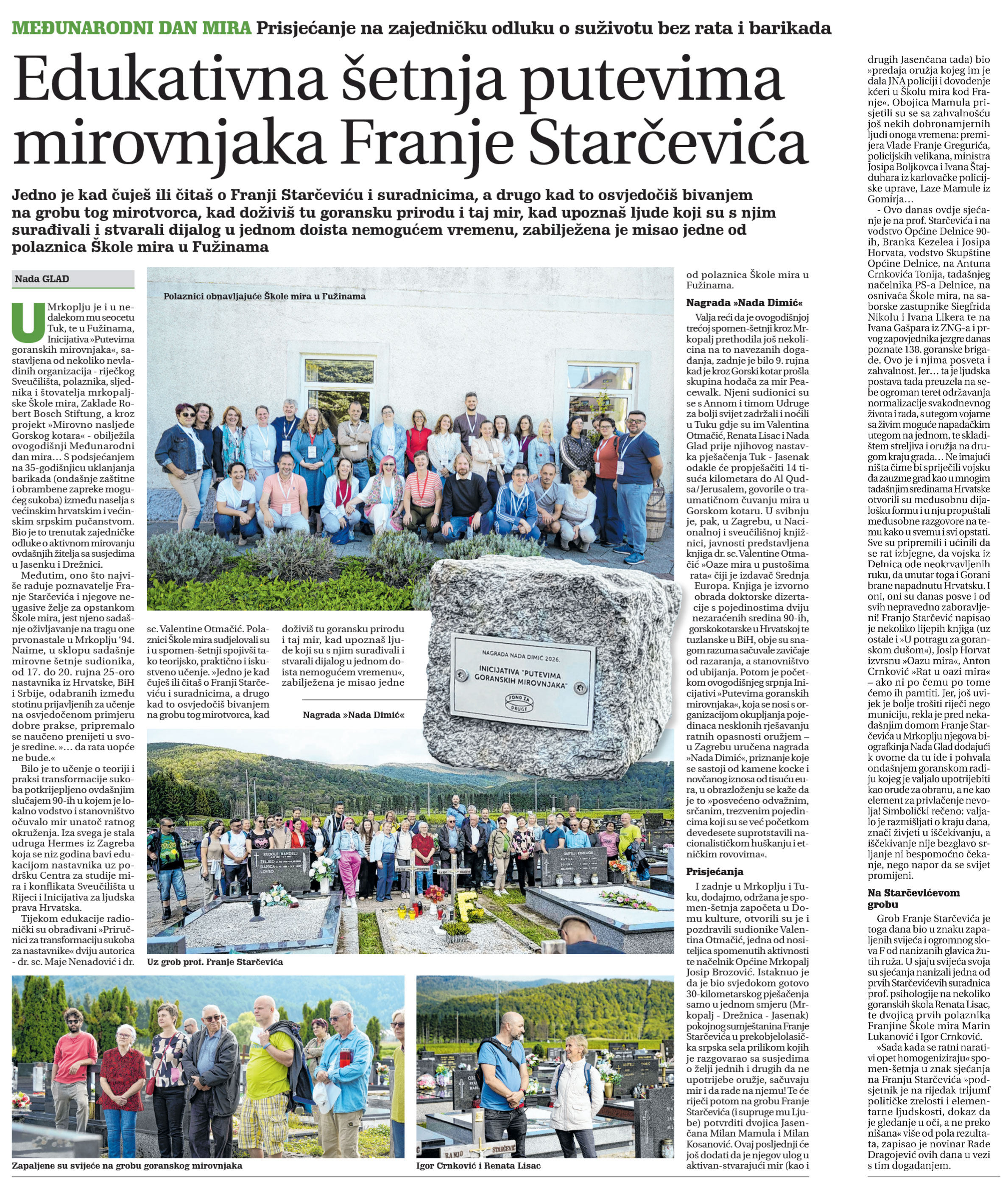 Edukativna šetnja putevima mirovnjaka Franje Starčevića, članak, novi list